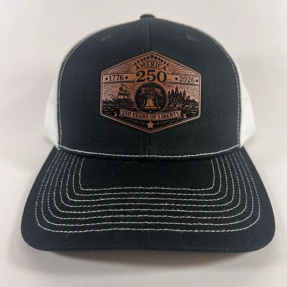 America 250 Liberty Bell Leather Patch Outdoor Cap OC771 Trucker Hat Black/White